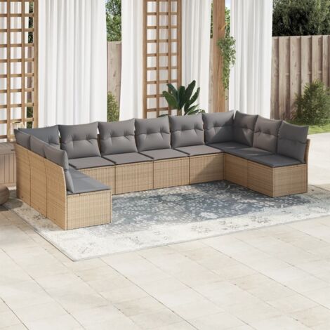Ensemble Salon Jardin 10 Places Résine Tressée Beige avec Coussins Gris - Modulaire, Housse Lavable, Résistant aux UV