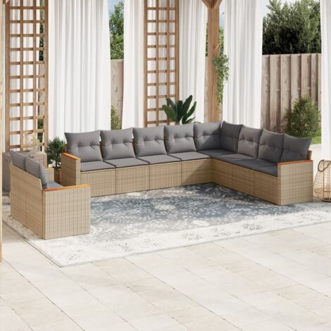 Ensemble Salon Jardin 10 Places Résine Tressée Beige avec Coussins Gris Modulaire Stockage
