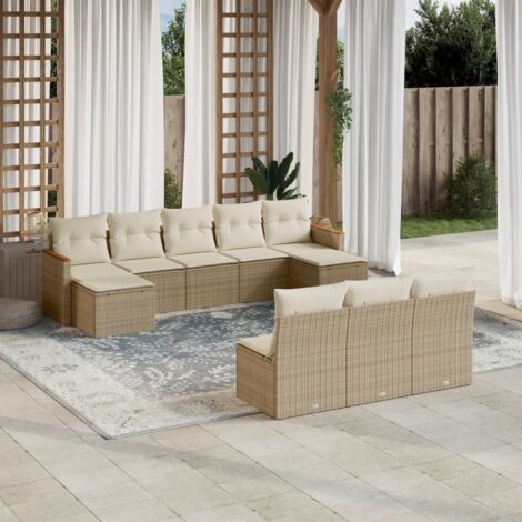 Ensemble Salon Jardin 10 Places Résine Tressée Beige avec Coussins Lavables et Espace Rangement