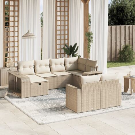 Ensemble Salon Jardin 10 Places Résine Tressée Beige avec Coussins Lavables et Espace Rangement Modulaire