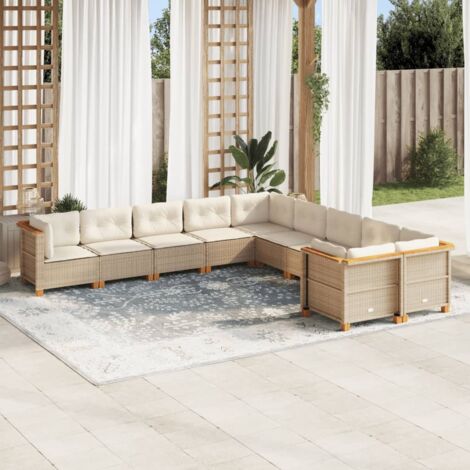 Ensemble Salon Jardin 10 Places Résine Tressée Beige avec Coussins - Modulaire, Bois Acacia, Housse Lavable, Résistant aux UV (4 Coins + 6 Centraux)
