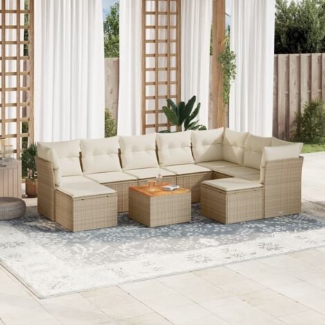 Ensemble Salon Jardin 10 Places Résine Tressée Beige avec Coussins, Table Acacia et Rangement Intégré - Modulaire et Résistant aux UV