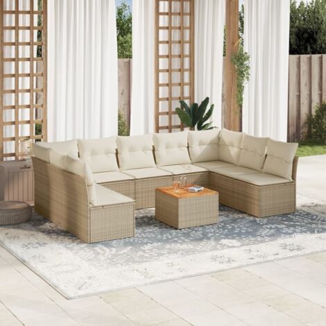 Ensemble Salon Jardin 10 Places Résine Tressée Beige avec Coussins - Table Acacia - Modulaire Rangement Eau