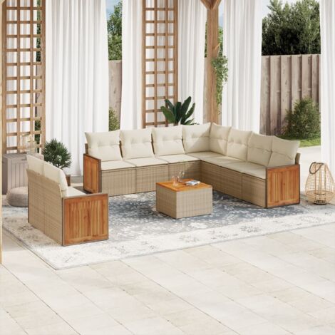Ensemble Salon Jardin 10 Places Résine Tressée Beige avec Coussins - Table Acacia, Modulaire, Résistant aux UV