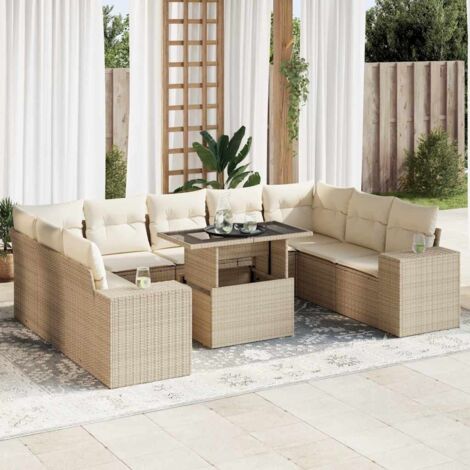 Ensemble Salon Jardin 10 Places Résine Tressée Beige avec Coussins, Table Modulable et Rangement Intégré