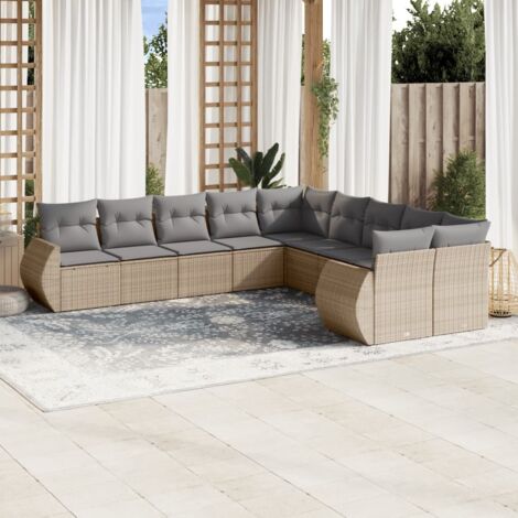 Ensemble Salon Jardin 10 Places Résine Tressée Beige - Canapé d'Angle, Central et Accoudoirs avec Coussins Blanc Crème (Modulaire, Housses Lavables)