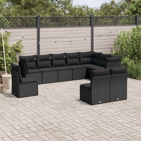 Ensemble salon jardin 10 places résine tressée noir avec coussins - 7 sièges centraux + 3 coins - Meuble extérieur modulaire