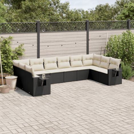 Ensemble Salon Jardin 10 Places Résine Tressée Noir avec Coussins Crème - Canapé d'Angle, Central et Accoudoirs