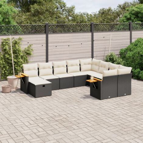 Ensemble Salon Jardin 10 Places Résine Tressée Noir avec Coussins Crème - Canapés d'Angle et Table Acacia Modulables