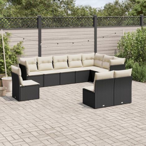 Ensemble Salon Jardin 10 Places Résine Tressée Noir avec Coussins Crème - Meuble Extérieur Modulaire