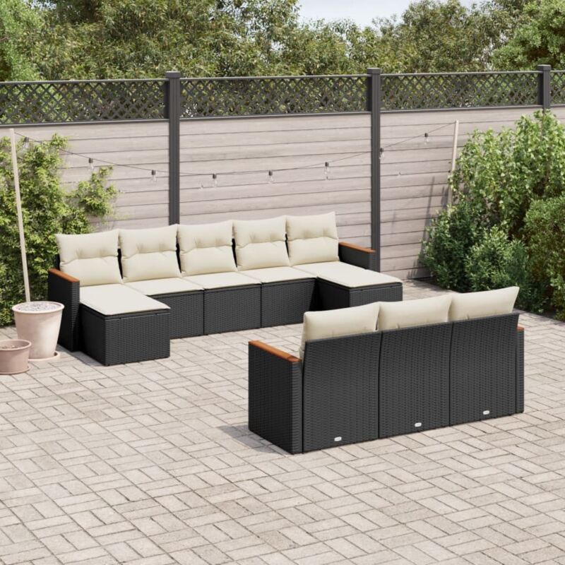 Ensemble Salon Jardin 10 Places Résine Tressée Noir avec Coussins Crème - Meuble Extérieur Modulaire avec Fonction Rangement