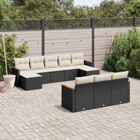 Ensemble Salon Jardin 10 Places Résine Tressée Noir avec Coussins Crème - Meuble Extérieur Modulaire avec Fonction Rangement