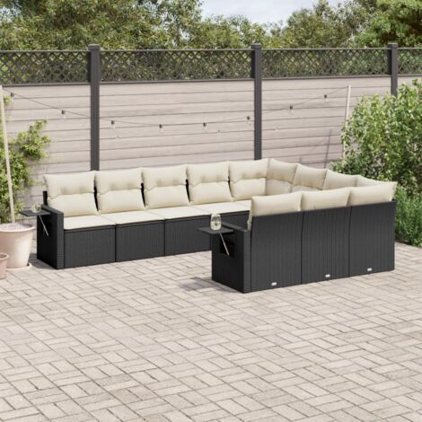 Ensemble Salon Jardin 10 Places Résine Tressée Noir avec Coussins Crème - Mobilier Extérieur Modulaire