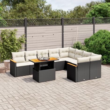 Ensemble Salon Jardin 10 Places Résine Tressée Noir avec Coussins Crème - Table Réglable Hauteur, Mobilier Extérieur Modulaire