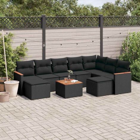Ensemble salon jardin 10 places résine tressée noir avec coussins et table acacia - Meubles extérieur modulables rangement intégré