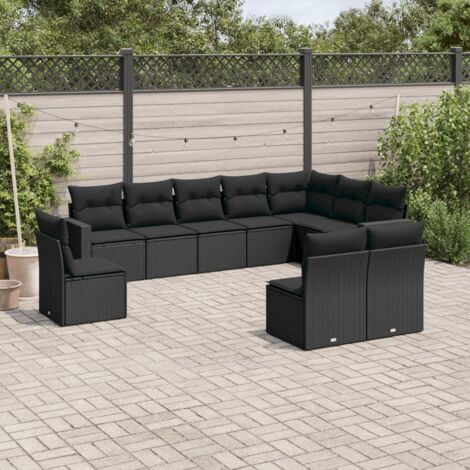 Ensemble Salon Jardin 10 Places Résine Tressée Noir avec Coussins - Meuble Extérieur Modulaire Stockage