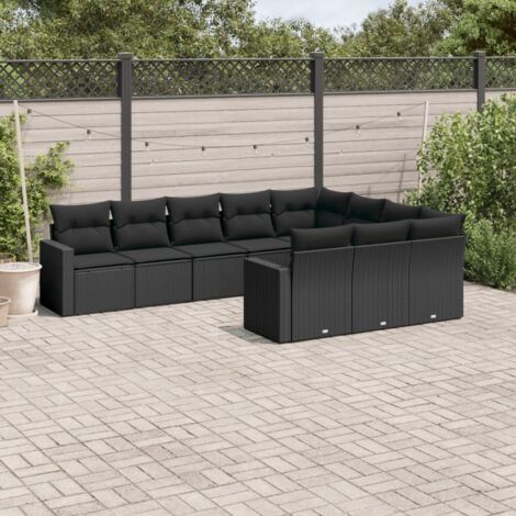 Ensemble Salon Jardin 10 Places Résine Tressée Noir avec Coussins - Modulaire Canapé d'Angle et Central