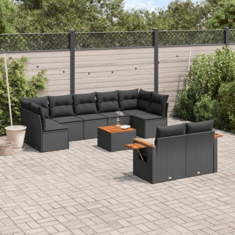Ensemble salon jardin 10 places résine tressée noir avec coussins - Table acacia et mobilier modulaire extérieur