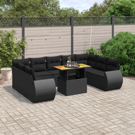 Ensemble salon jardin 10 places résine tressée noir avec coussins - Table extensible acacia - Mobilier extérieur modulaire