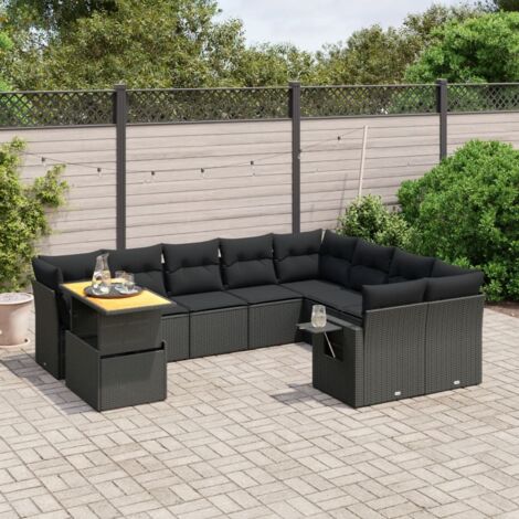 Ensemble salon jardin 10 places résine tressée noir avec table extensible acacia et coussins lavables
