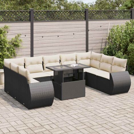 Ensemble salon jardin 10 places résine tressée noir avec table extensible et coussins crème - Meuble extérieur modulaire rangement intégré
