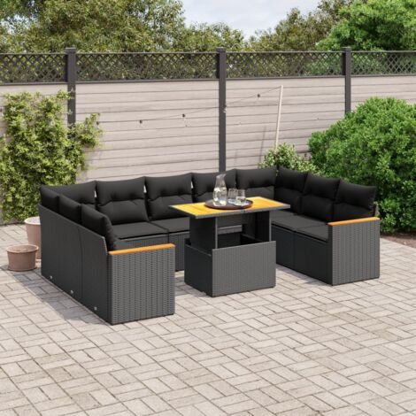 Ensemble salon jardin 10 places résine tressée noir avec table extensible et coussins déhoussables