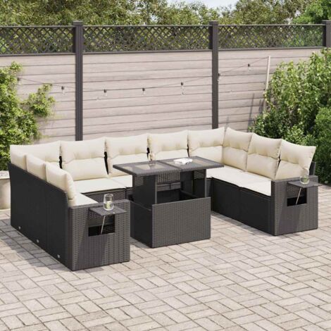Ensemble salon jardin 10 places résine tressée noir avec table extensible et rangements intégrés - 9 coussins crème inclus