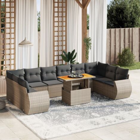Ensemble Salon Jardin 11 Pièces Gris Résine Tressée avec Table Extensible et Coussins