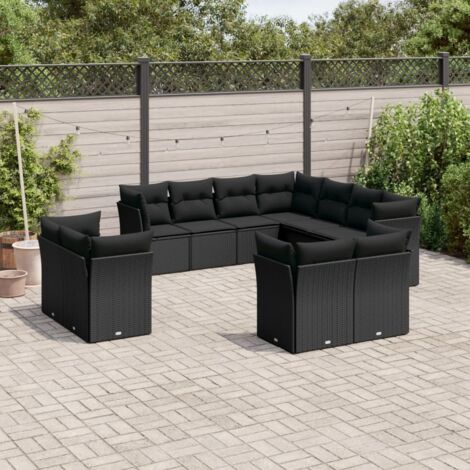 Ensemble Salon Jardin 11 Pièces Noir Résine Tressée avec Coussins - 4 Sièges Centraux + 7 Sièges d'Angle - Housses Lavables - Meuble Extérieur Modulaire