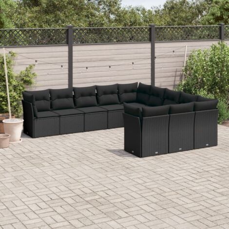 Ensemble Salon Jardin 11 Pièces Noir Résine Tressée avec Coussins - 4 Sièges Coin + 7 Centraux, Rangement Intégré, Modulaire