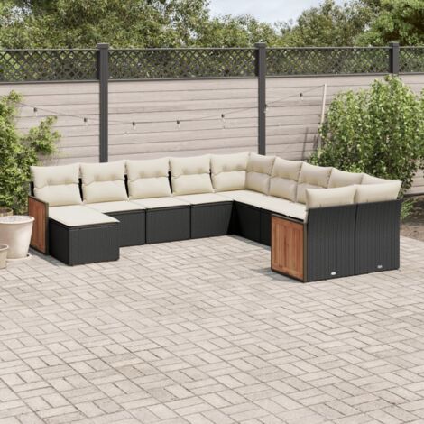 Ensemble salon jardin 11 pièces noir résine tressée avec coussins - 6 sièges centraux, 2 sièges d'angle, 2 canapés avec accoudoirs, 1 repose-pied - Mobilier extérieur modulaire