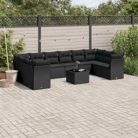 Ensemble Salon Jardin 11 Pièces Noir Résine Tressée avec Coussins - 6 Sièges Centraux, 4 Sièges d'Angle, Table Verre Trempé, Mobilier Extérieur Modulaire