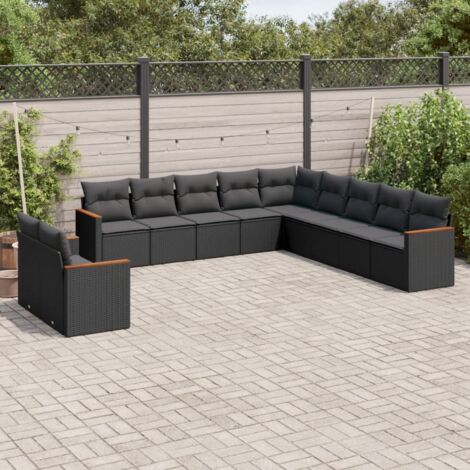 Ensemble Salon Jardin 11 Pièces Noir Résine Tressée avec Coussins - Canapé d'Angle, Siège Central et Accoudoirs