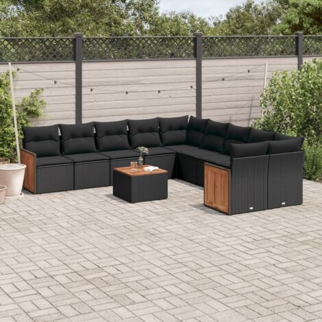 Ensemble Salon Jardin 11 Pièces Noir Résine Tressée avec Coussins - Canapés, Sièges et Table Acacia - Modulaire Confortable Extérieur