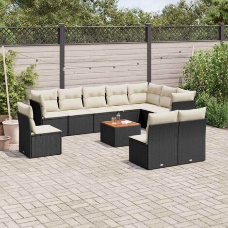 Ensemble Salon Jardin 11 Pièces Noir Résine Tressée avec Coussins Crème - 3 Sièges Coin, 7 Sièges Centraux, Table Acacia et Rangement Intégré