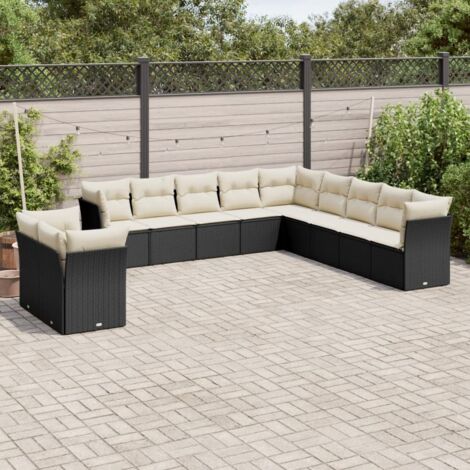 Ensemble Salon Jardin 11 Pièces Noir Résine Tressée avec Coussins Crème - 6 Sièges Centraux + 5 d'Angle Modulables