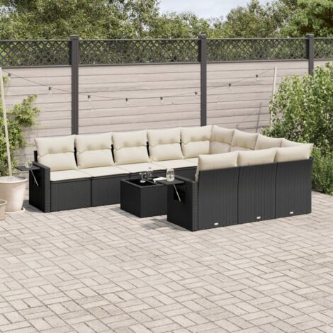 Ensemble Salon Jardin 11 Pièces Noir Résine Tressée avec Coussins Crème - Canapé d'Angle, Table Verre Trempé, Mobilier Extérieur Modulaire