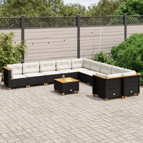 Ensemble Salon Jardin 11 Pièces Noir Résine Tressée avec Coussins Crème - Canapé d'Extérieur Modulaire en Polyrotin et Bois d'Acacia