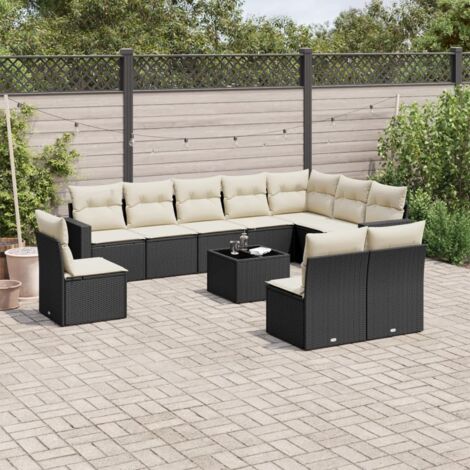 Ensemble Salon Jardin 11 Pièces Noir Résine Tressée avec Coussins Crème - Canapés d'Angle et Table Verre Trempé