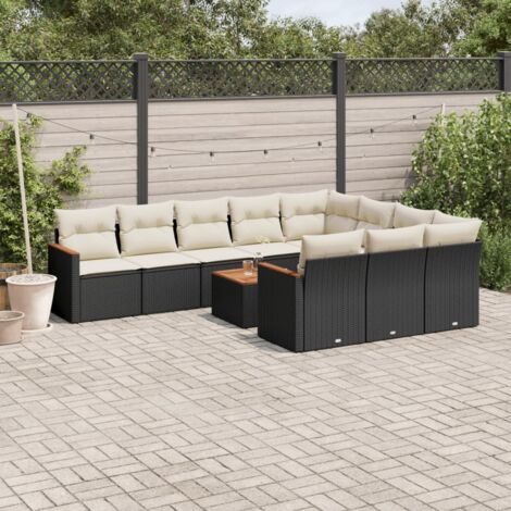 Ensemble Salon Jardin 11 Pièces Noir Résine Tressée avec Coussins Crème - Canapés, Sièges et Table Acacia - Modulaire