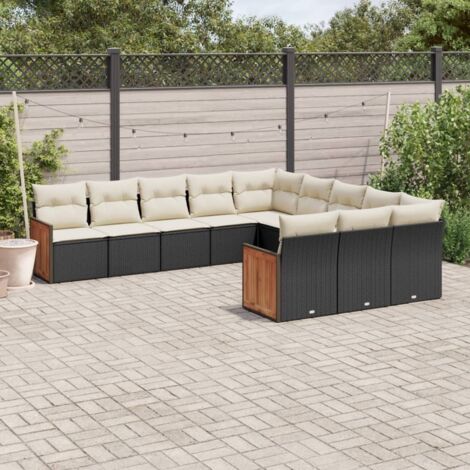 Ensemble Salon Jardin 11 Pièces Noir Résine Tressée avec Coussins Crème - Meuble Extérieur Modulaire