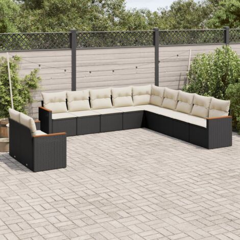 Ensemble Salon Jardin 11 Pièces Noir Résine Tressée avec Coussins Crème - Meuble Extérieur Modulaire