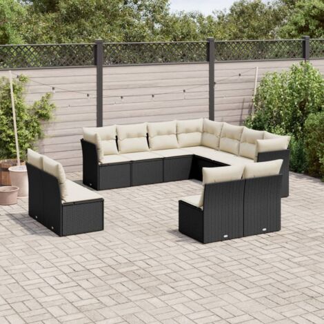Ensemble Salon Jardin 11 Pièces Noir Résine Tressée avec Coussins Crème - Meuble Extérieur Modulaire