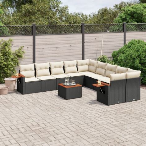 Ensemble Salon Jardin 11 Pièces Noir Résine Tressée avec Coussins Crème - Meuble Extérieur Modulaire Acacia