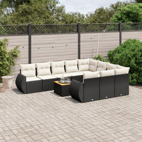 Ensemble Salon Jardin 11 Pièces Noir Résine Tressée avec Coussins Crème - Meuble Extérieur Modulaire avec Espace Rangement