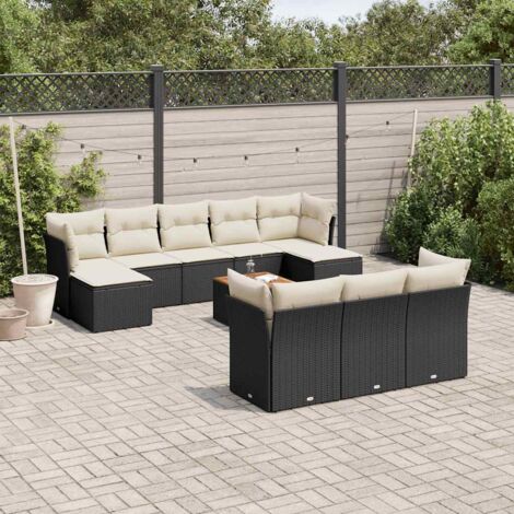 Ensemble Salon Jardin 11 Pièces Noir Résine Tressée avec Coussins Crème - Meuble Extérieur Modulaire avec Rangement et Table Acacia