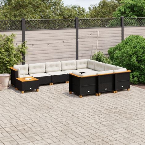 Ensemble Salon Jardin 11 Pièces Noir Résine Tressée avec Coussins Crème - Meuble Extérieur Modulaire en Polyrotin et Bois d'Acacia