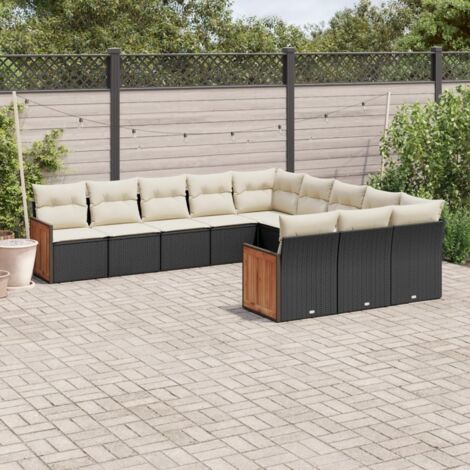 Ensemble Salon Jardin 11 Pièces Noir Résine Tressée avec Coussins Crème - Meuble Extérieur Modulaire Rangeable