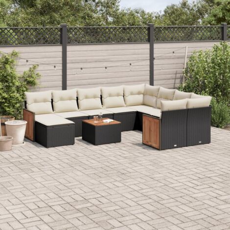 Ensemble Salon Jardin 11 Pièces Noir Résine Tressée avec Coussins Crème - Meuble Extérieur Modulaire Table Acacia