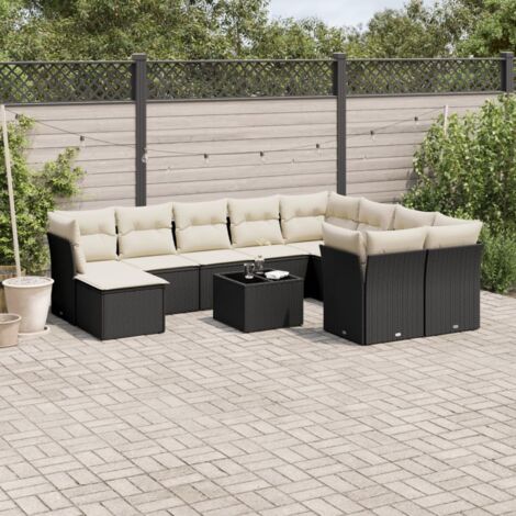 Ensemble Salon Jardin 11 Pièces Noir Résine Tressée avec Coussins Crème - Meuble Extérieur Modulaire Table Verre Trempé